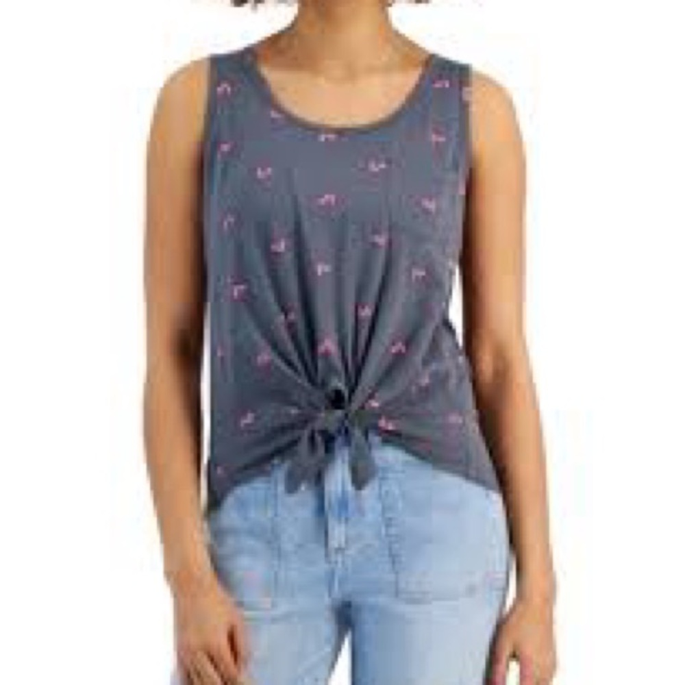 Rebellious One Gray and Pink Knot-Front Top